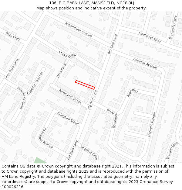 136, BIG BARN LANE, MANSFIELD, NG18 3LJ: Location map and indicative extent of plot