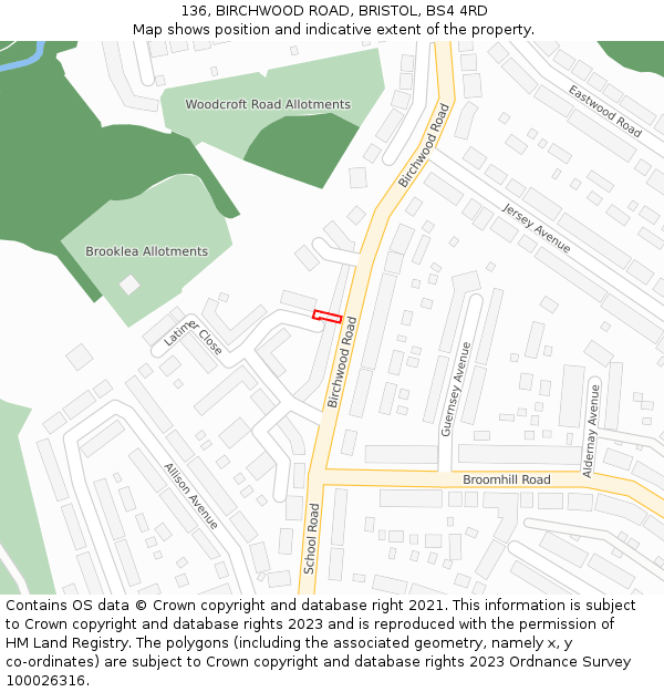 136, BIRCHWOOD ROAD, BRISTOL, BS4 4RD: Location map and indicative extent of plot