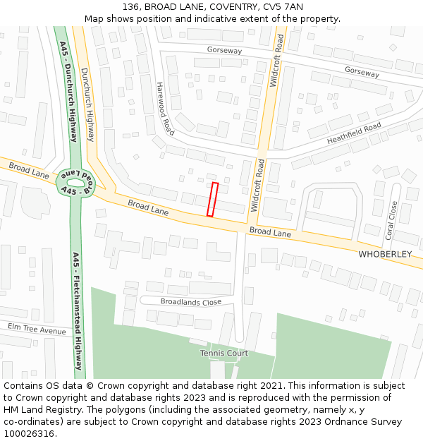 136, BROAD LANE, COVENTRY, CV5 7AN: Location map and indicative extent of plot