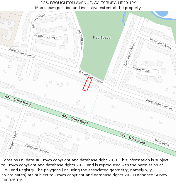 136, BROUGHTON AVENUE, AYLESBURY, HP20 1PY: Location map and indicative extent of plot