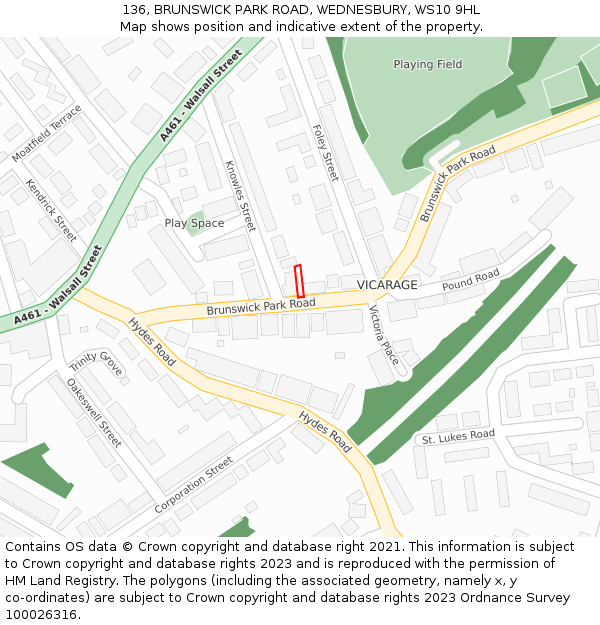 136, BRUNSWICK PARK ROAD, WEDNESBURY, WS10 9HL: Location map and indicative extent of plot