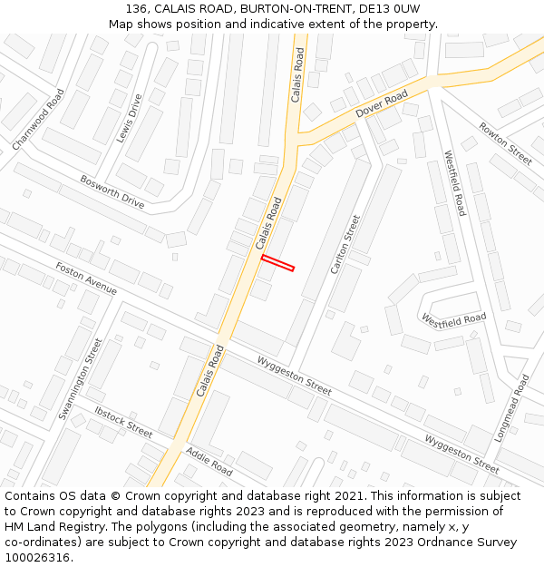 136, CALAIS ROAD, BURTON-ON-TRENT, DE13 0UW: Location map and indicative extent of plot