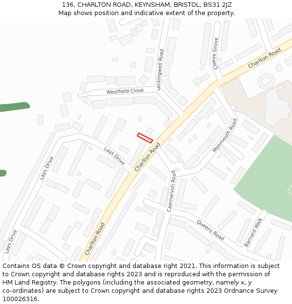 136, CHARLTON ROAD, KEYNSHAM, BRISTOL, BS31 2JZ: Location map and indicative extent of plot