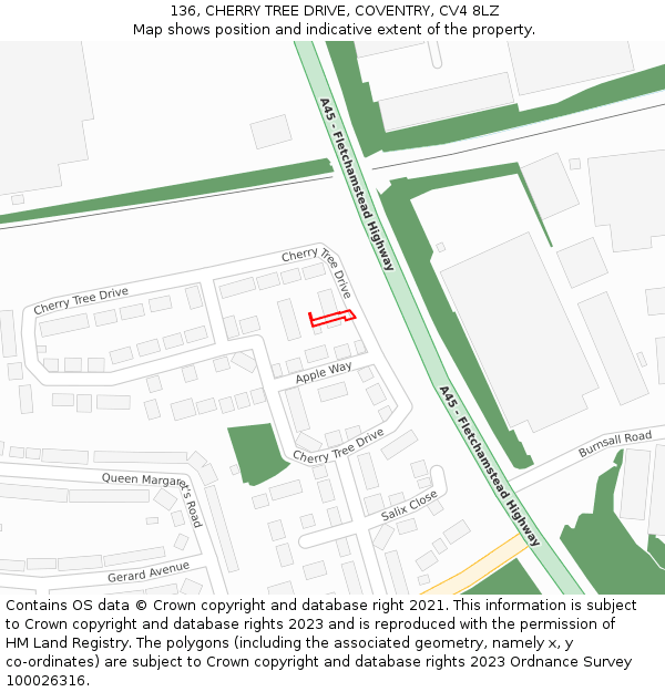 136, CHERRY TREE DRIVE, COVENTRY, CV4 8LZ: Location map and indicative extent of plot
