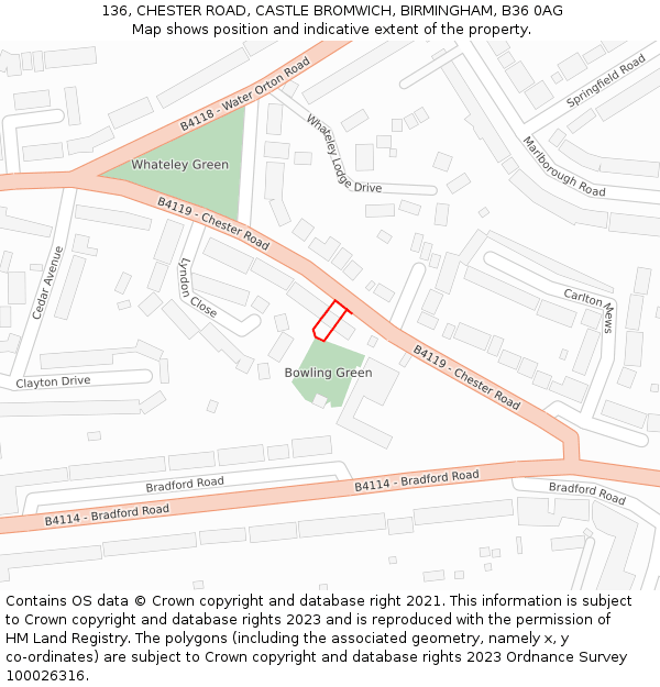 136, CHESTER ROAD, CASTLE BROMWICH, BIRMINGHAM, B36 0AG: Location map and indicative extent of plot