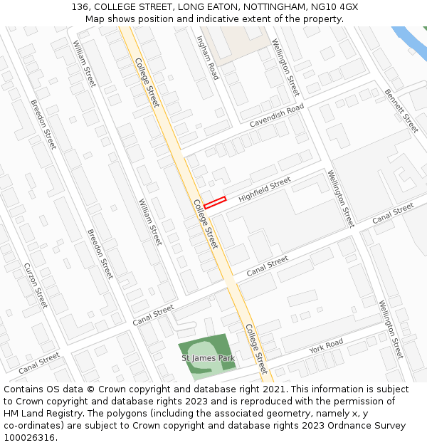 136, COLLEGE STREET, LONG EATON, NOTTINGHAM, NG10 4GX: Location map and indicative extent of plot