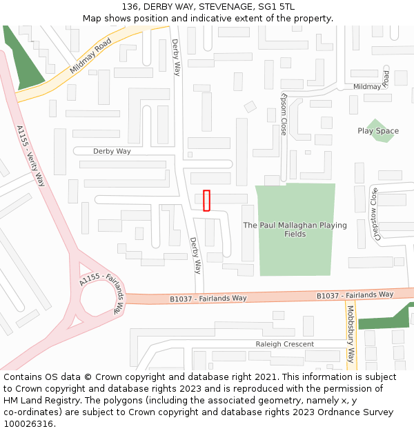 136, DERBY WAY, STEVENAGE, SG1 5TL: Location map and indicative extent of plot