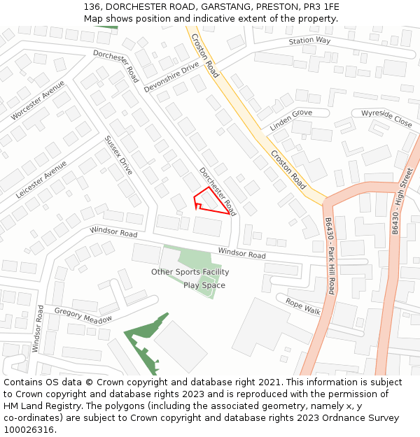136, DORCHESTER ROAD, GARSTANG, PRESTON, PR3 1FE: Location map and indicative extent of plot