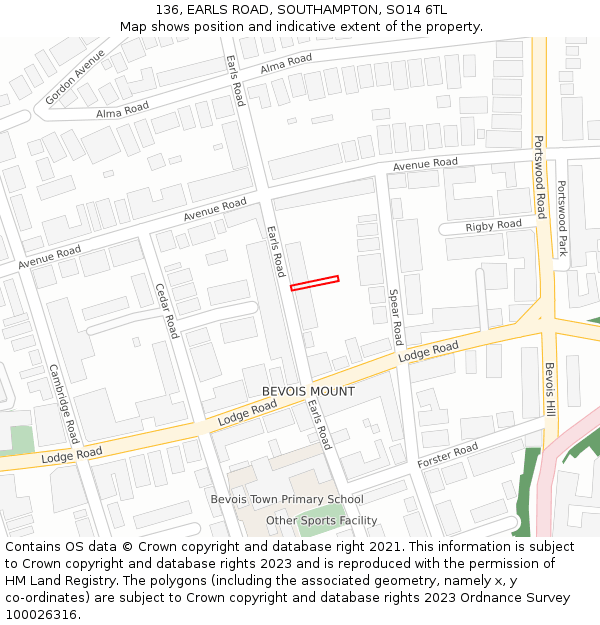 136, EARLS ROAD, SOUTHAMPTON, SO14 6TL: Location map and indicative extent of plot