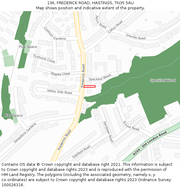 136, FREDERICK ROAD, HASTINGS, TN35 5AU: Location map and indicative extent of plot