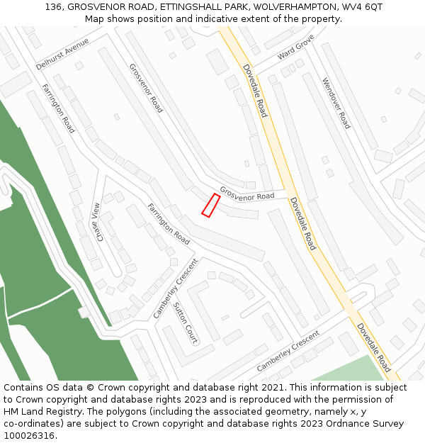136, GROSVENOR ROAD, ETTINGSHALL PARK, WOLVERHAMPTON, WV4 6QT: Location map and indicative extent of plot