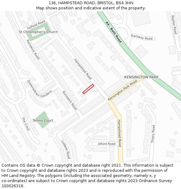 136, HAMPSTEAD ROAD, BRISTOL, BS4 3HN: Location map and indicative extent of plot