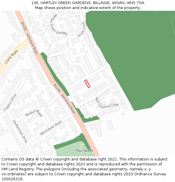 136, HARTLEY GREEN GARDENS, BILLINGE, WIGAN, WN5 7GA: Location map and indicative extent of plot