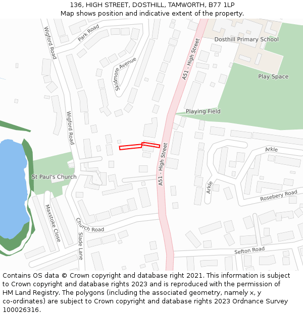 136, HIGH STREET, DOSTHILL, TAMWORTH, B77 1LP: Location map and indicative extent of plot