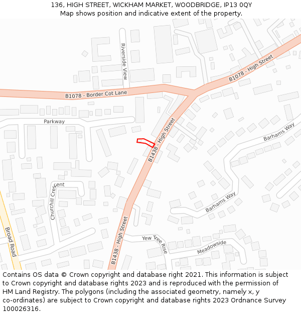 136, HIGH STREET, WICKHAM MARKET, WOODBRIDGE, IP13 0QY: Location map and indicative extent of plot
