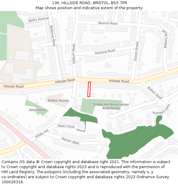 136, HILLSIDE ROAD, BRISTOL, BS5 7PR: Location map and indicative extent of plot