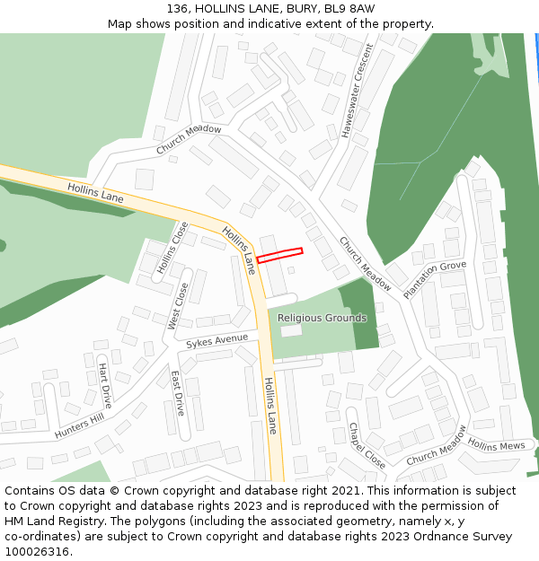 136, HOLLINS LANE, BURY, BL9 8AW: Location map and indicative extent of plot