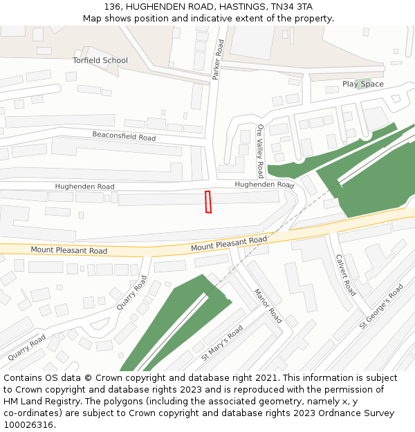 136, HUGHENDEN ROAD, HASTINGS, TN34 3TA: Location map and indicative extent of plot