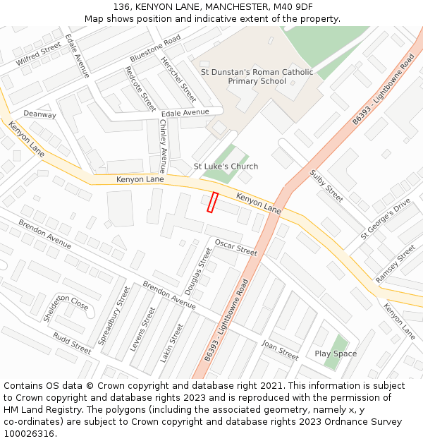 136, KENYON LANE, MANCHESTER, M40 9DF: Location map and indicative extent of plot