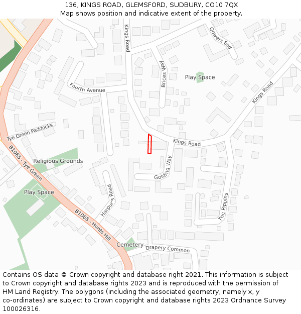 136, KINGS ROAD, GLEMSFORD, SUDBURY, CO10 7QX: Location map and indicative extent of plot