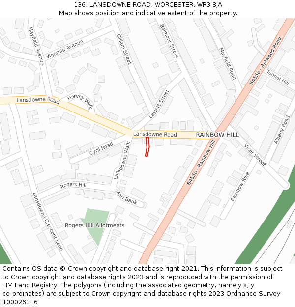 136, LANSDOWNE ROAD, WORCESTER, WR3 8JA: Location map and indicative extent of plot