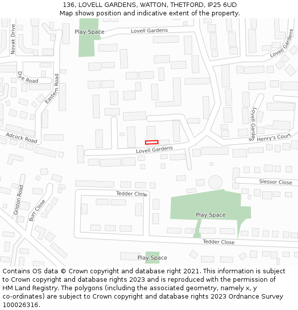 136, LOVELL GARDENS, WATTON, THETFORD, IP25 6UD: Location map and indicative extent of plot