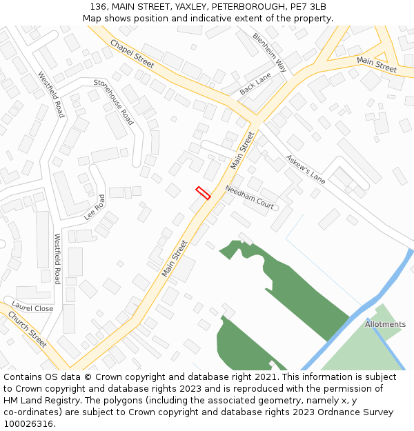 136, MAIN STREET, YAXLEY, PETERBOROUGH, PE7 3LB: Location map and indicative extent of plot