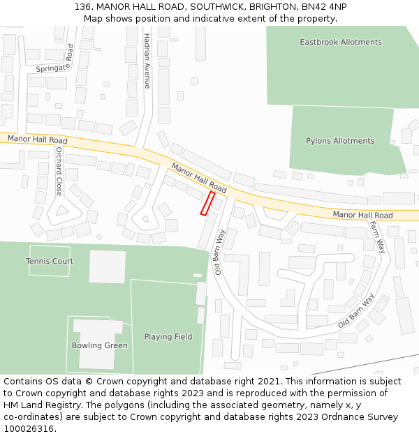 136, MANOR HALL ROAD, SOUTHWICK, BRIGHTON, BN42 4NP: Location map and indicative extent of plot