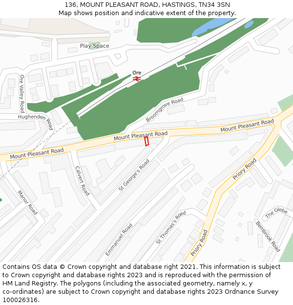 136, MOUNT PLEASANT ROAD, HASTINGS, TN34 3SN: Location map and indicative extent of plot