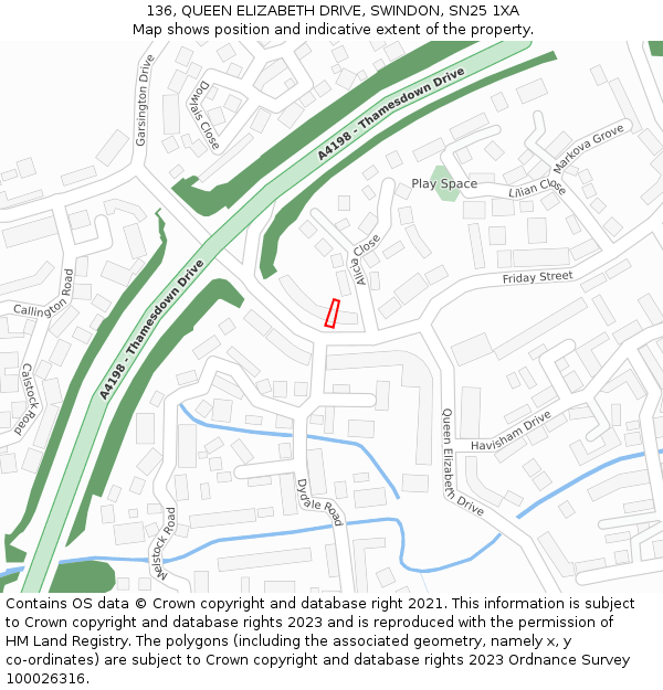 136, QUEEN ELIZABETH DRIVE, SWINDON, SN25 1XA: Location map and indicative extent of plot