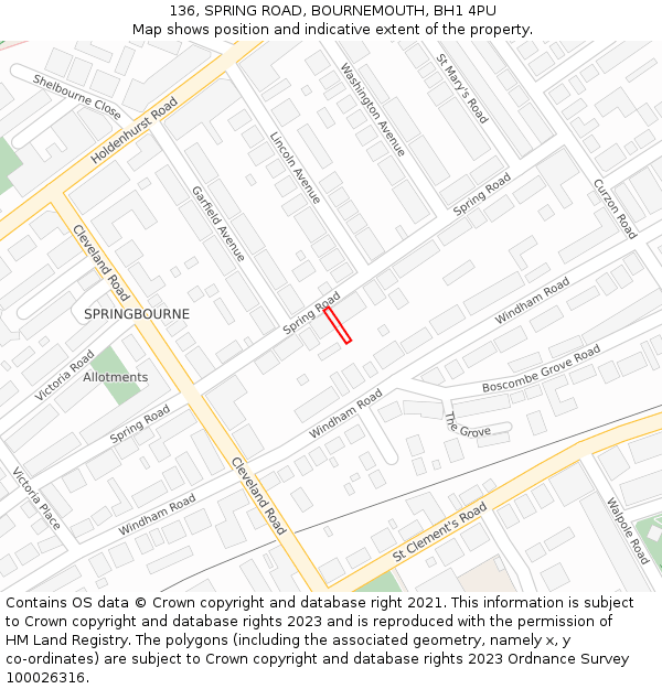 136, SPRING ROAD, BOURNEMOUTH, BH1 4PU: Location map and indicative extent of plot
