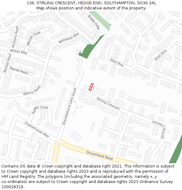 136, STIRLING CRESCENT, HEDGE END, SOUTHAMPTON, SO30 2AL: Location map and indicative extent of plot