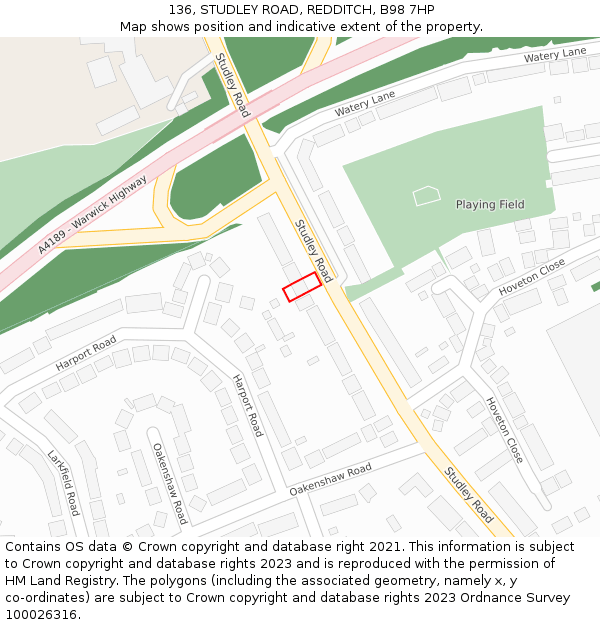 136, STUDLEY ROAD, REDDITCH, B98 7HP: Location map and indicative extent of plot