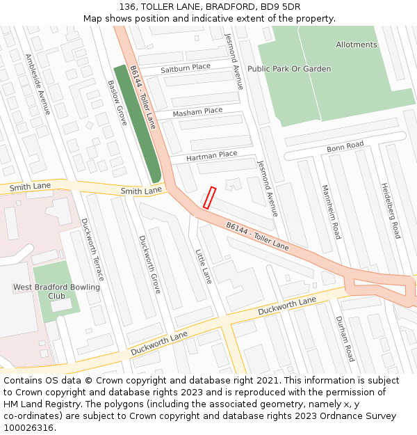 136, TOLLER LANE, BRADFORD, BD9 5DR: Location map and indicative extent of plot