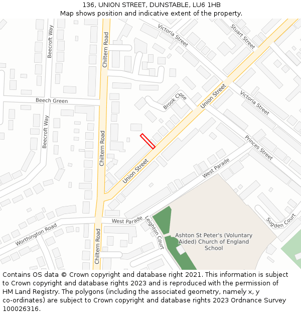 136, UNION STREET, DUNSTABLE, LU6 1HB: Location map and indicative extent of plot