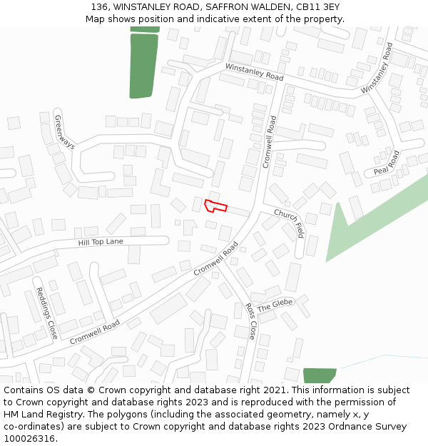 136, WINSTANLEY ROAD, SAFFRON WALDEN, CB11 3EY: Location map and indicative extent of plot