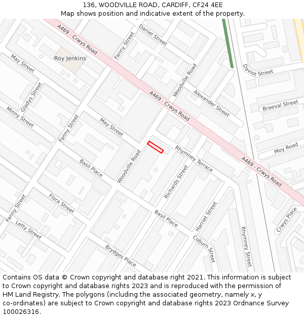 136, WOODVILLE ROAD, CARDIFF, CF24 4EE: Location map and indicative extent of plot