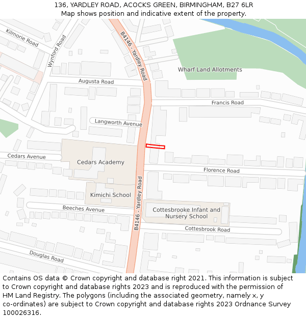 136, YARDLEY ROAD, ACOCKS GREEN, BIRMINGHAM, B27 6LR: Location map and indicative extent of plot