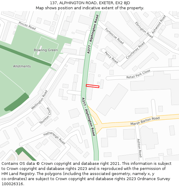 137, ALPHINGTON ROAD, EXETER, EX2 8JD: Location map and indicative extent of plot