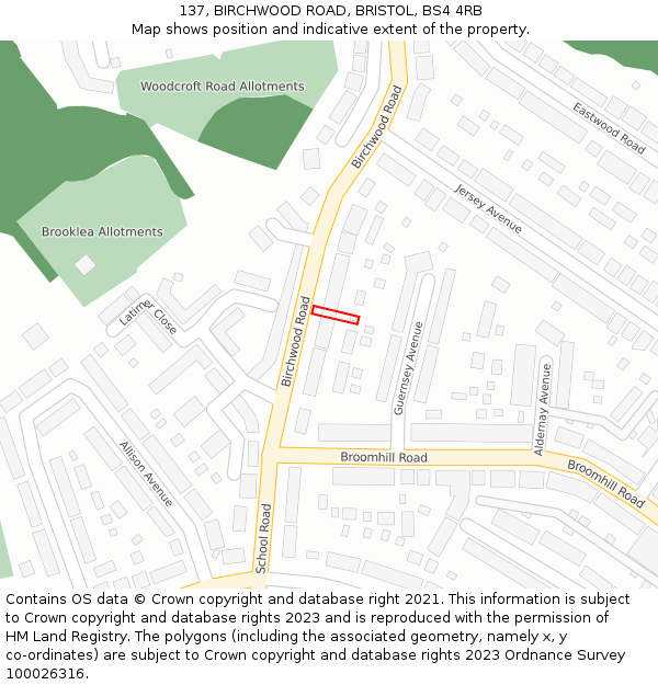 137, BIRCHWOOD ROAD, BRISTOL, BS4 4RB: Location map and indicative extent of plot