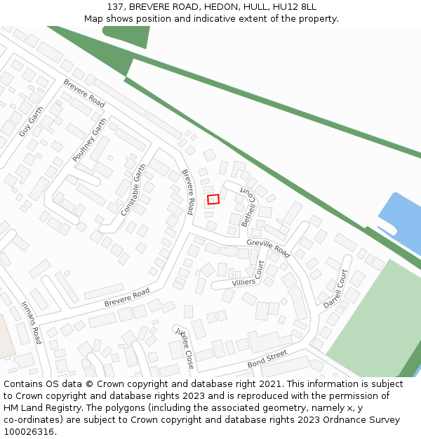 137, BREVERE ROAD, HEDON, HULL, HU12 8LL: Location map and indicative extent of plot