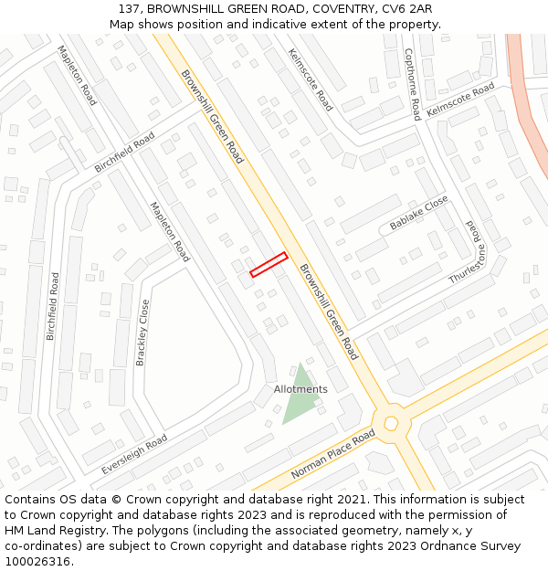 137, BROWNSHILL GREEN ROAD, COVENTRY, CV6 2AR: Location map and indicative extent of plot