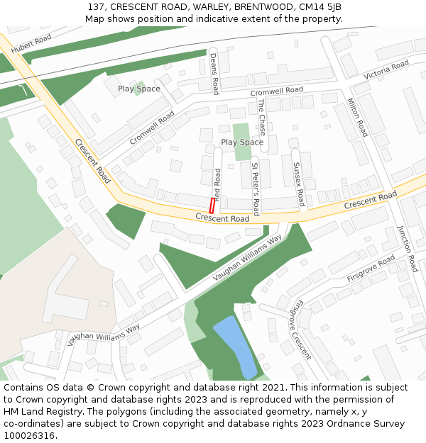 137, CRESCENT ROAD, WARLEY, BRENTWOOD, CM14 5JB: Location map and indicative extent of plot