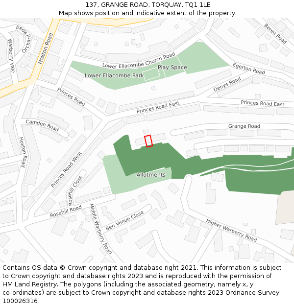 137, GRANGE ROAD, TORQUAY, TQ1 1LE: Location map and indicative extent of plot