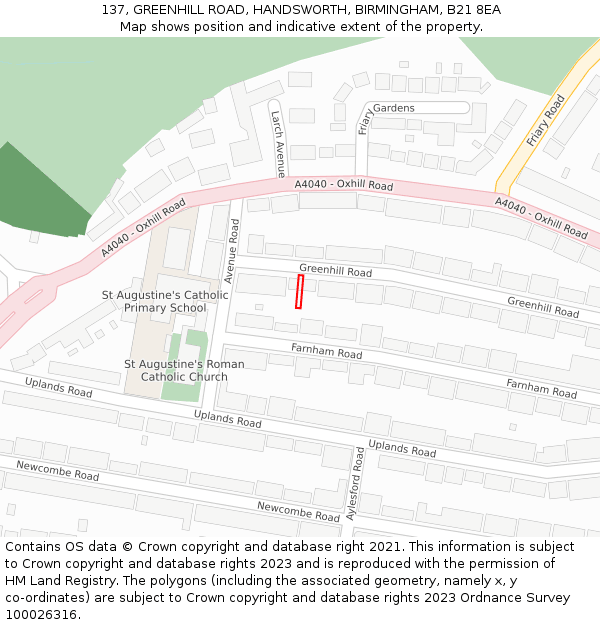 137, GREENHILL ROAD, HANDSWORTH, BIRMINGHAM, B21 8EA: Location map and indicative extent of plot