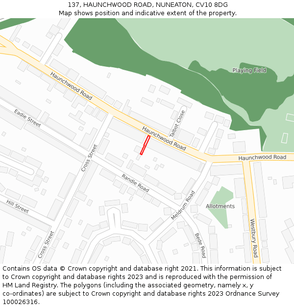 137, HAUNCHWOOD ROAD, NUNEATON, CV10 8DG: Location map and indicative extent of plot