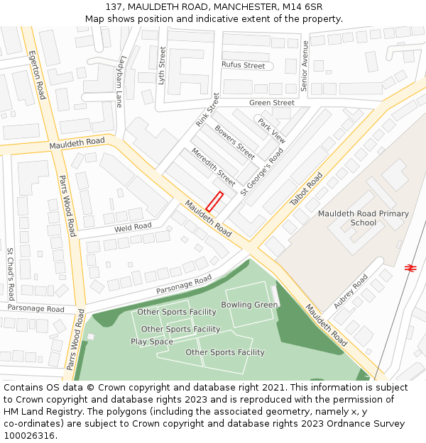 137, MAULDETH ROAD, MANCHESTER, M14 6SR: Location map and indicative extent of plot