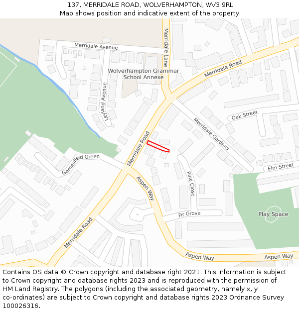 137, MERRIDALE ROAD, WOLVERHAMPTON, WV3 9RL: Location map and indicative extent of plot