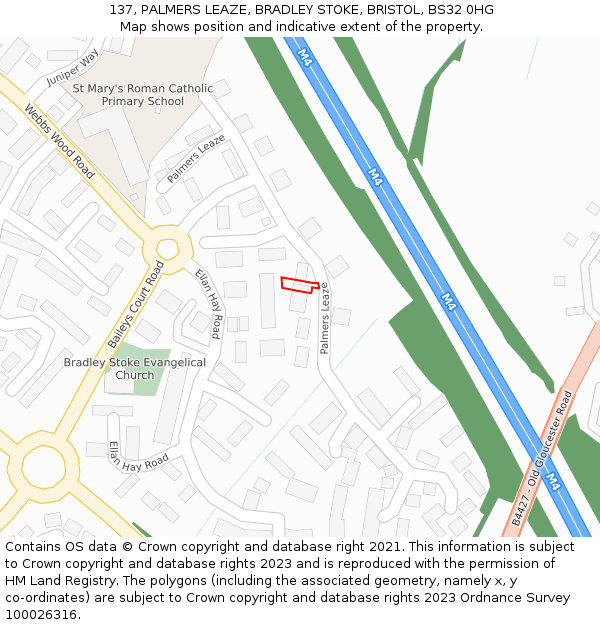 137, PALMERS LEAZE, BRADLEY STOKE, BRISTOL, BS32 0HG: Location map and indicative extent of plot