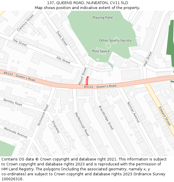 137, QUEENS ROAD, NUNEATON, CV11 5LD: Location map and indicative extent of plot
